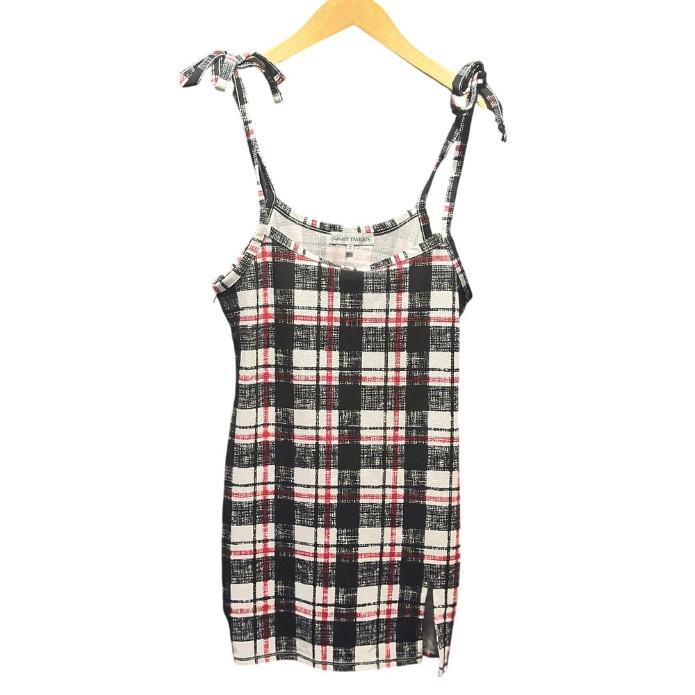 Almost Famous Plaid Bodycon Mini Dress Red Black White Tie Shoulder Slit Small